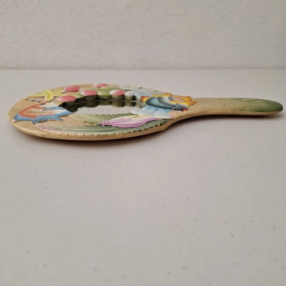 Vtg Tropical Fish Underwater Solid Wood Carved Handheld Mirror INDONESIA 14
